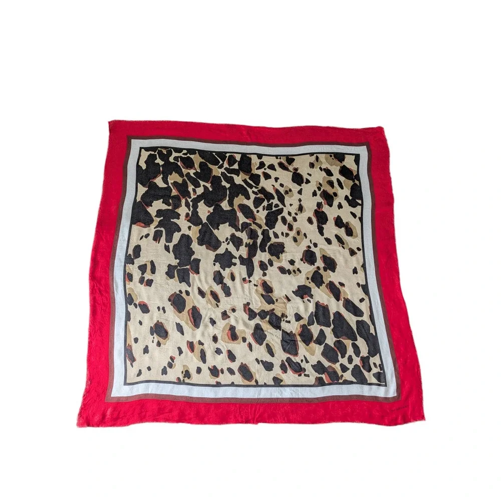 Burberry Leopard Cheetah Animal Print Red Silk Blend Scarf Italy Fringe Large